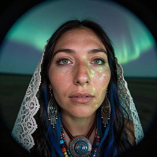 Photograph of a young woman with dark hair, wearing a white lace headscarf, adorned with jewelry, and a mysterious yellow streak on her cheek