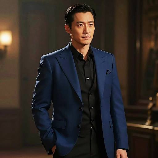 Photograph of a handsome Asian man with short black hair, wearing a navy blue suit over a black button-up shirt, standing confidently in a dimly