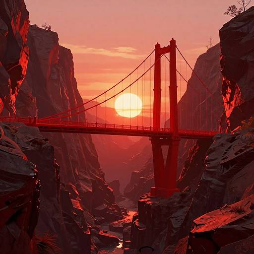 Digital artwork of the Golden Gate Bridge at sunset, bathed in vibrant red and orange hues, with rugged cliffs on either side.