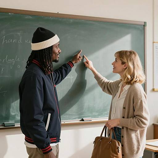 Two People Discussing at Chalkboard in Classroom