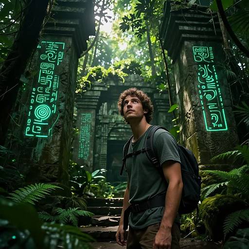 Photograph of a curly-haired man in a gray t-shirt and backpack standing in a lush, green jungle ruin with glowing neon hieroglyphs on