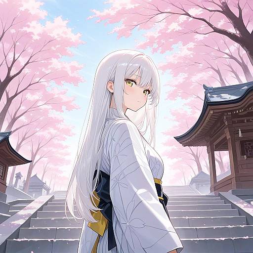 Anime Girl in Kimono Among Cherry Blossoms