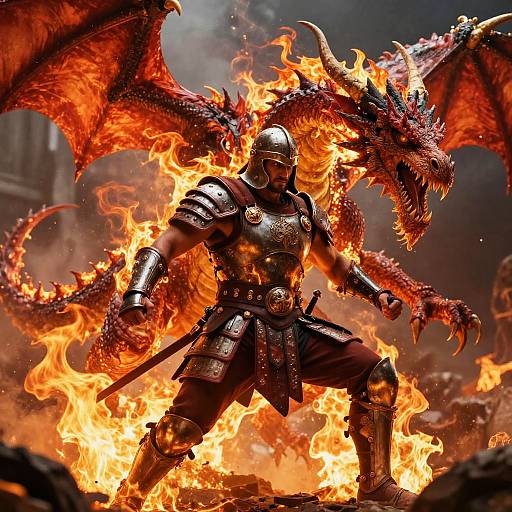 Digital illustration of a armored warrior with a fiery dragon winged companion, standing amidst intense flames, ready for battle.