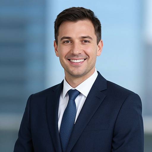 Photograph of a smiling man with short dark hair, wearing a black suit, white shirt, and blue tie, against a blue gradient background.