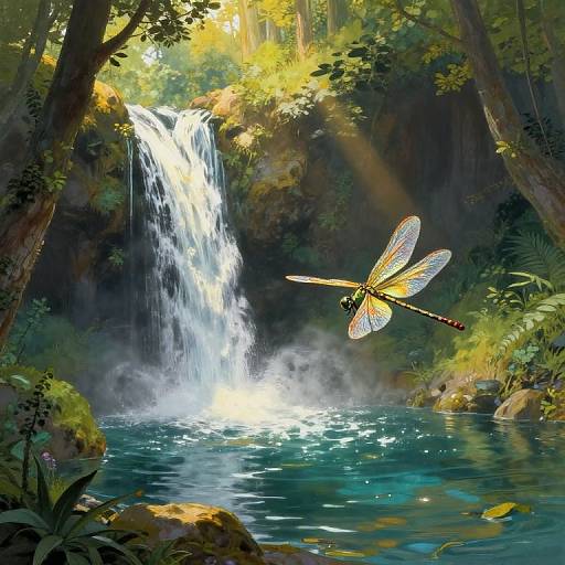 Digital art: Vibrant dragonfly with iridescent wings hovers near a cascading waterfall in a lush, sunlit forest, reflecting on a
