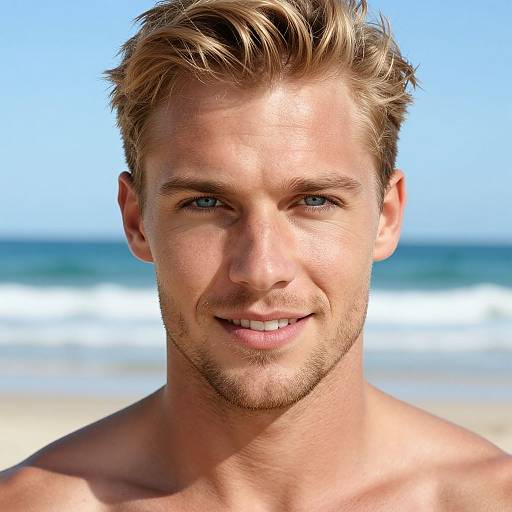 Photograph of a handsome, smiling, blonde-haired, blue-eyed Caucasian man with light stubble, shirtless, against a sunny beach background with ocean