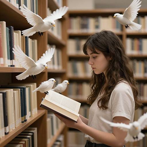 Photograph of a young woman with long brown hair, white t-shirt, and black pants, reading a book in a library, surrounded by five white