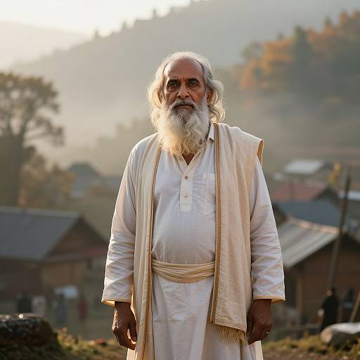 Wise Elderly Man in Misty Mountain Village