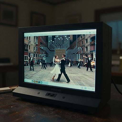 Venetian Ballroom Dance on Monitor with Circuit Board Overlay