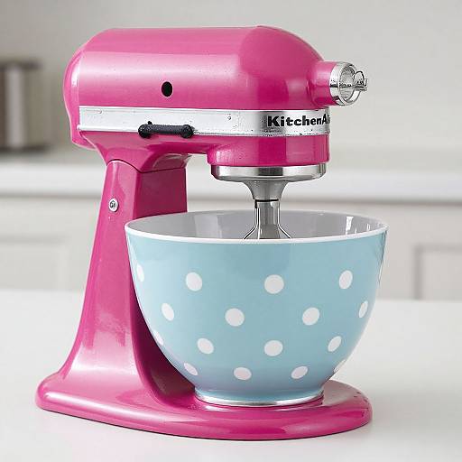 Photograph of a shiny pink KitchenAid stand mixer with a light blue polka dot mixing bowl, against a blurred white kitchen background.