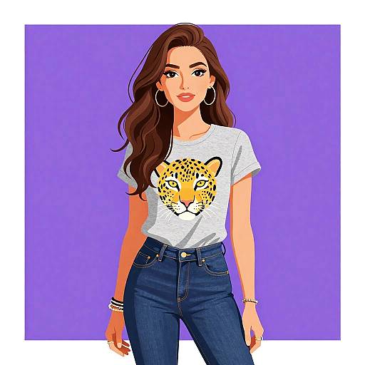 Digital illustration of a young woman with long brown hair, wearing a white T-shirt with a leopard face print, blue jeans, and hoop earrings, against