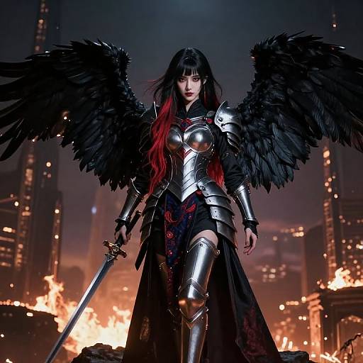 Digital artwork of a fierce, black-winged female warrior with red hair in silver armor, standing amidst a burning cityscape, holding a sword. Dark