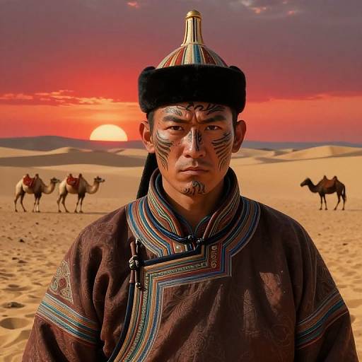 Photograph of a man with tribal face paint, wearing a traditional hat and brown robe, standing in a desert at sunset with three camels in the