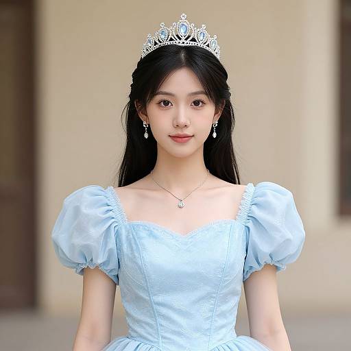 Photograph of an East Asian woman with long black hair, wearing a light blue princess dress, silver tiara, and drop earrings, standing against a