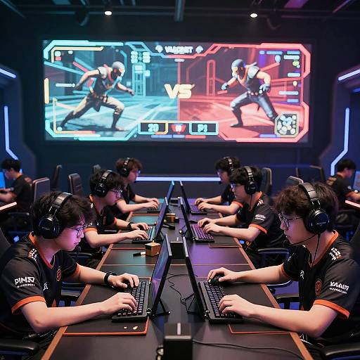 Photograph of eight Asian male gamers in black shirts, headsets, focused on laptops, in a dimly lit room, with a vibrant, neon