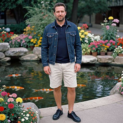 Photograph of a bearded man with short brown hair, wearing a denim jacket, black shirt, white shorts, and black shoes, standing in a