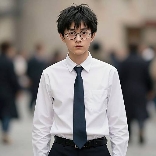 Photograph of an Asian young man with black hair, glasses, white shirt, black tie, and black pants, standing in a blurred urban crowd.