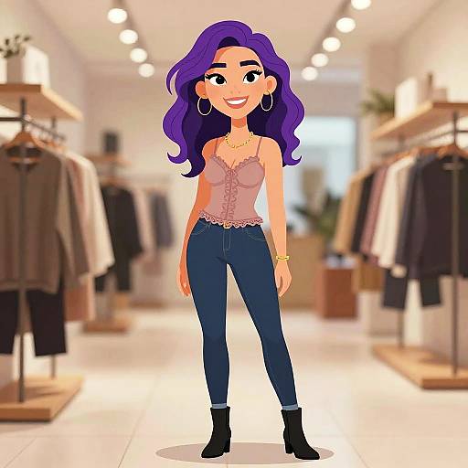 Digital cartoon of a smiling woman with purple hair, wearing a pink lace top, blue jeans, and black boots, standing in a brightly lit clothing store