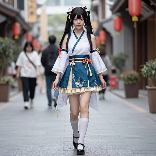Photograph of an Asian woman in a traditional blue and white Japanese outfit with long black hair, walking down a narrow, blurred street with red lanterns