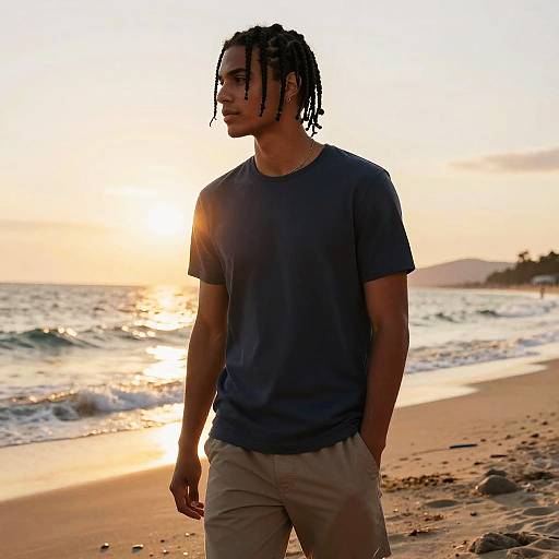 Photograph of a young Black man with dreadlocks in a navy t-shirt and beige pants walking on a sunset beach, sunlight reflecting off the waves behind