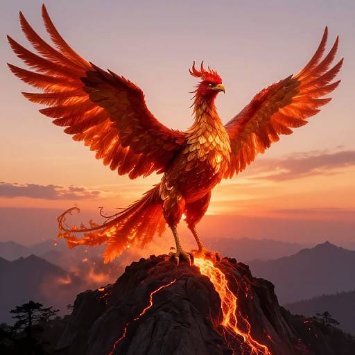 Photograph of a majestic, fiery phoenix with outstretched wings standing on a rocky peak, surrounded by glowing lava, against a vivid sunset sky with