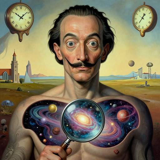 Digital surreal artwork of a shocked man with a mustache, holding a magnifying glass revealing a galaxy on his chest, clock faces in background, futuristic