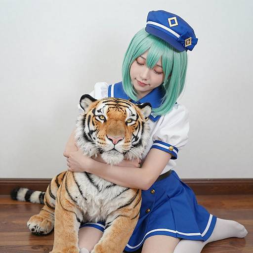 Cosplay Girl Hugging Plush Tiger