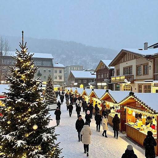 Photograph of a snowy Christmas market with illuminated wooden stalls, decorated trees, and shoppers in winter clothing, set in a mountain town with alpine-style