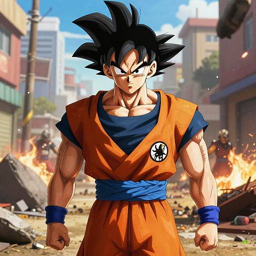 Digital artwork of muscular, black-haired Super Saiyan Son Goku in orange gi, blue belt, standing defiantly amidst a burning, war-torn city