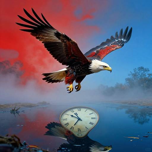 Surreal Eagle Over Melting Clocks