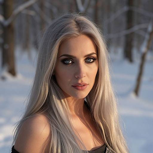 Photorealistic digital portrait of a young woman with long, silver-blonde hair, blue eyes, and fair skin, standing in a snowy forest