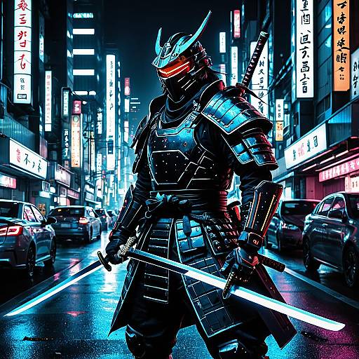 Futuristic Samurai in Neon Cyberpunk Tokyo