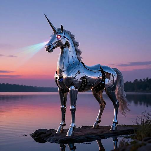 Photograph of a metallic, robotic unicorn with glowing red eyes and a laser beam, standing on a rock in a serene, twilight lake with a pink