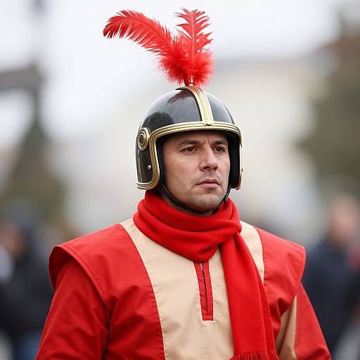 Photograph of a serious man in medieval-style armor with a red plume, red scarf, and red robe, blurred outdoor background.