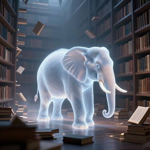 Glowing blue elephant in a dark library, surrounded by floating books and open tomes, illuminated by ethereal light. CGI artwork.