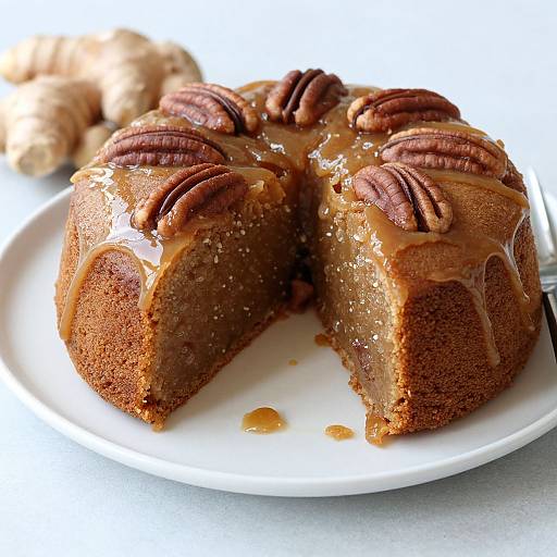 Photograph of a caramel-glazed bundt cake topped with walnuts, sliced and placed on a white plate with gingerbread pieces in the background.