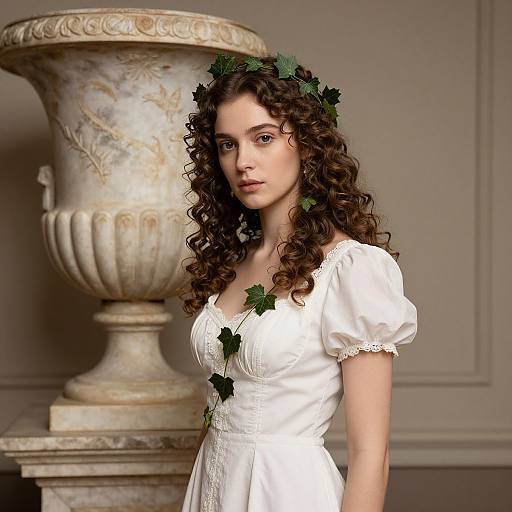 Photograph of a young woman with curly brown hair, wearing a white dress and leafy crown, standing beside a large, ornate urn in a
