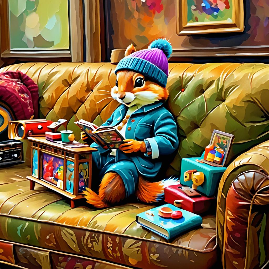 Impressionist Squirrel on Vintage Couch