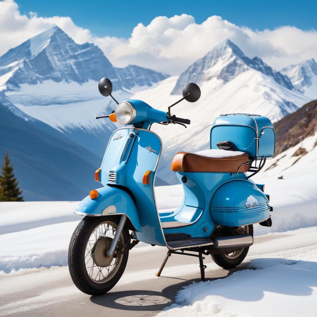 Whimsical Vintage Moped in Snowy Landscape