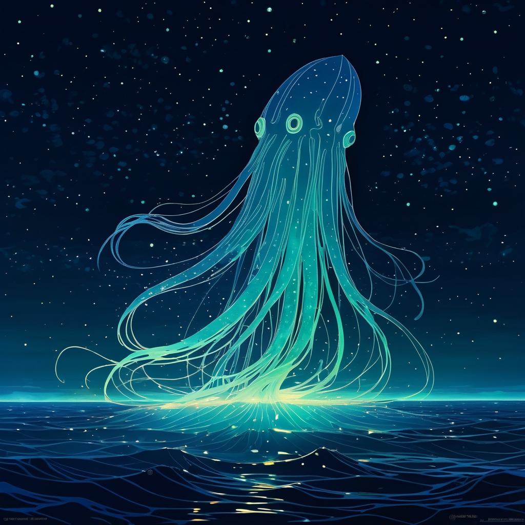 Giant Squid Silhouette in Bioluminescent Ocean