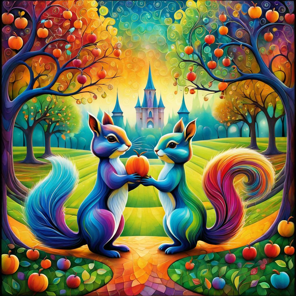 Whimsical Squirrels in a Colorful Orchard