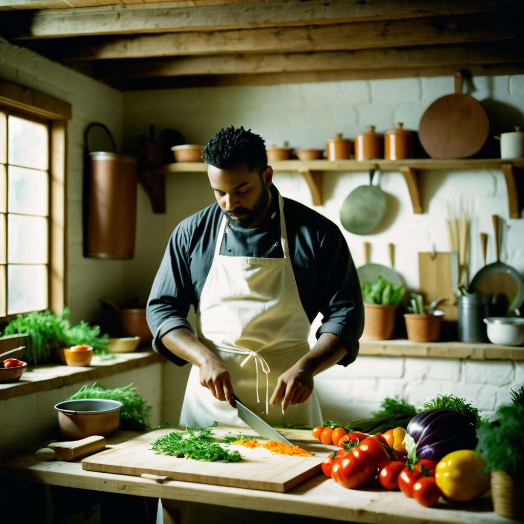 Thoughtful Chef in Rustic Kitchen Scene