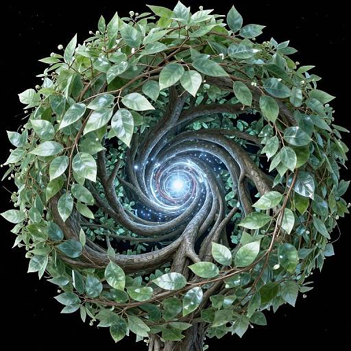 Digital artwork of a spiral tree wreath with green leaves and intricate branches, converging to a glowing, blue-white center against a black background.