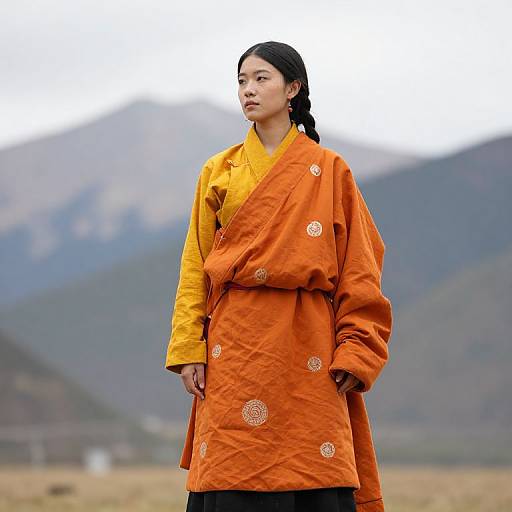 Photograph of a young Asian woman with black hair in a ponytail, wearing an orange traditional Korean hanbok with yellow sleeves and white floral embroidery