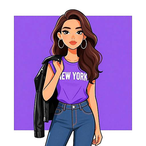 Stylish Woman in New York T-shirt and Leather Jacket