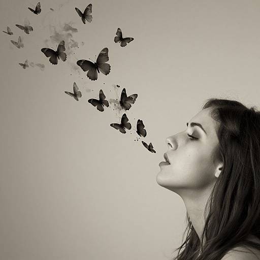 Black-and-white photograph of a woman with closed eyes, profile view, inhaling a trail of translucent butterflies. Monochromatic, ethereal, dream