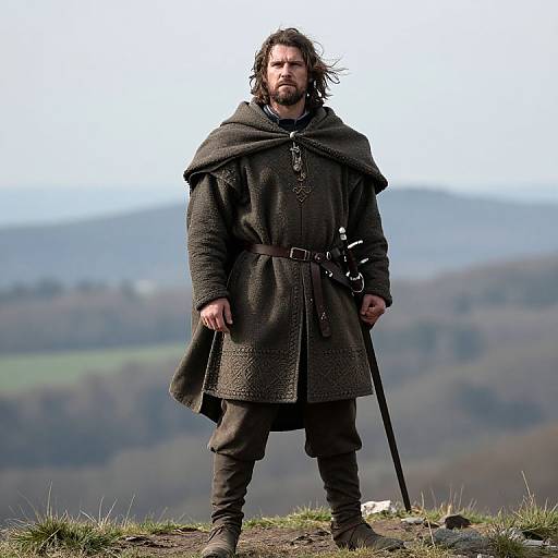 Photograph of a bearded man with shoulder-length hair, wearing a dark, medieval-style cloak and tunic, standing on a grassy hill with