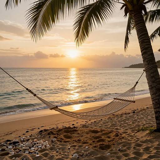 Photograph of a serene beach at sunset, featuring a hammock strung between two palm trees, with the sun reflecting on the calm ocean, and