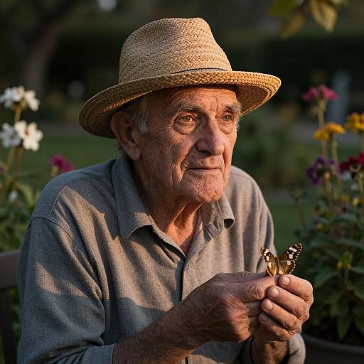Photograph of an elderly man with wrinkled skin, wearing a straw hat and gray shirt, holding a dried flower in a sunny garden.