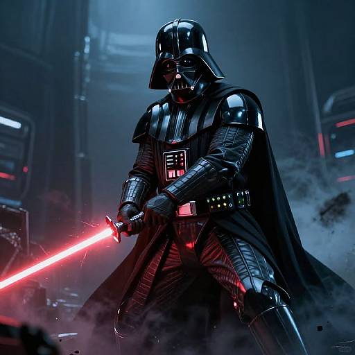 CGI image of Darth Vader in black armor wielding a glowing red lightsaber, standing in a dark, misty sci-fi setting.